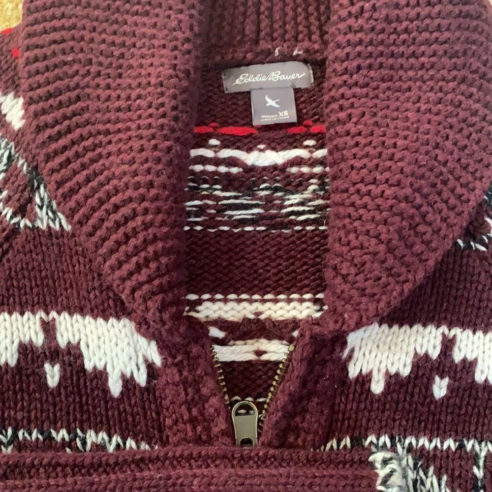 Eddie Bauer Maroon and White Knit Cardigan